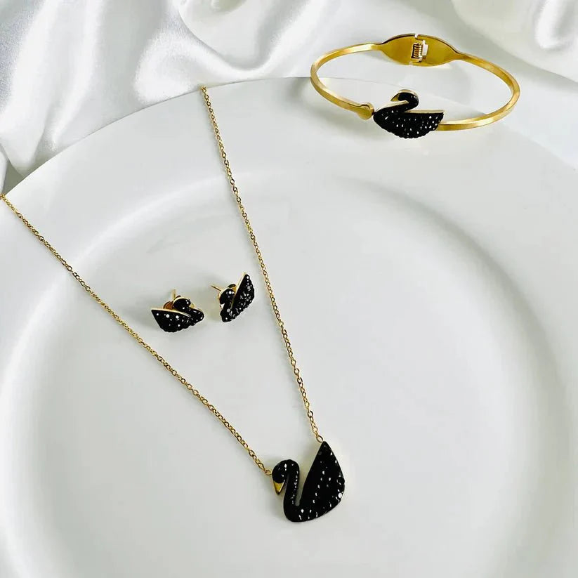 Stainless Swan Bangle, Earring And Necklace Set - Jewel Glimpse